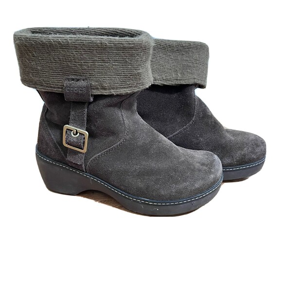 Crocs Cobbler Ankle Boot Womens Size 9 Suede Buckle Brown Wedge Folded Hem - Picture 1 of 9